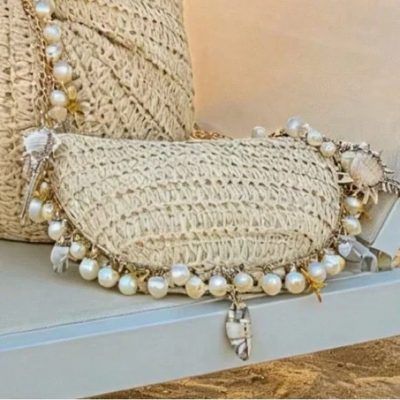 🆕 Straw Seashells and Pearls Shoulder Handbag - Picture 5 of 8